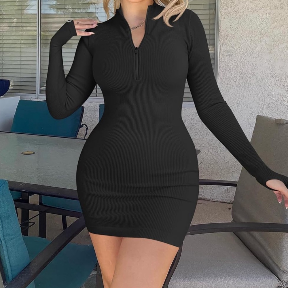 Ribbed Zip Front Long Sleeve Mini Dress